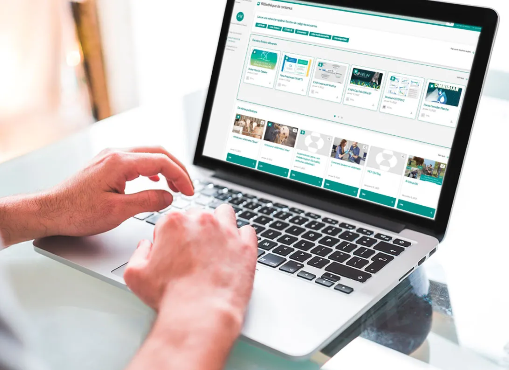 Gros plan sur une personne utilisant un ordinateur portable pour naviguer dans la bibliothèque de contenus numériques de MSD Santé Animale.