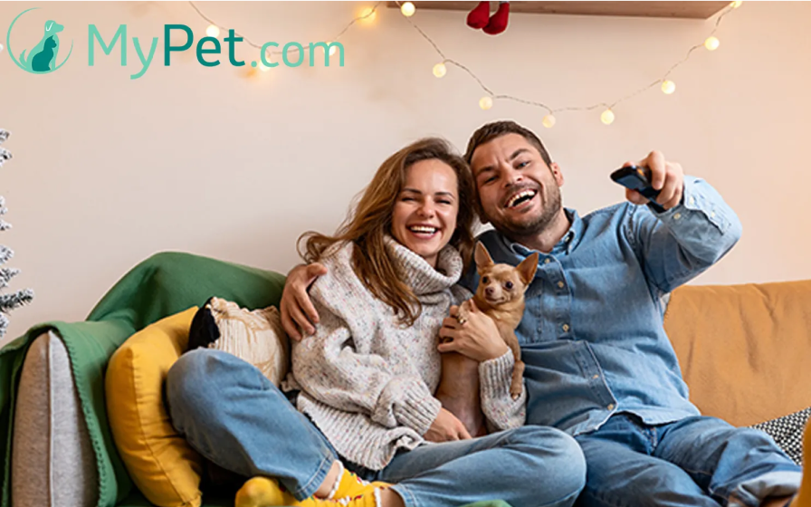 Couple souriant sur un canapé avec leur petit chien, illustrant le portail d'information MyPet.com.